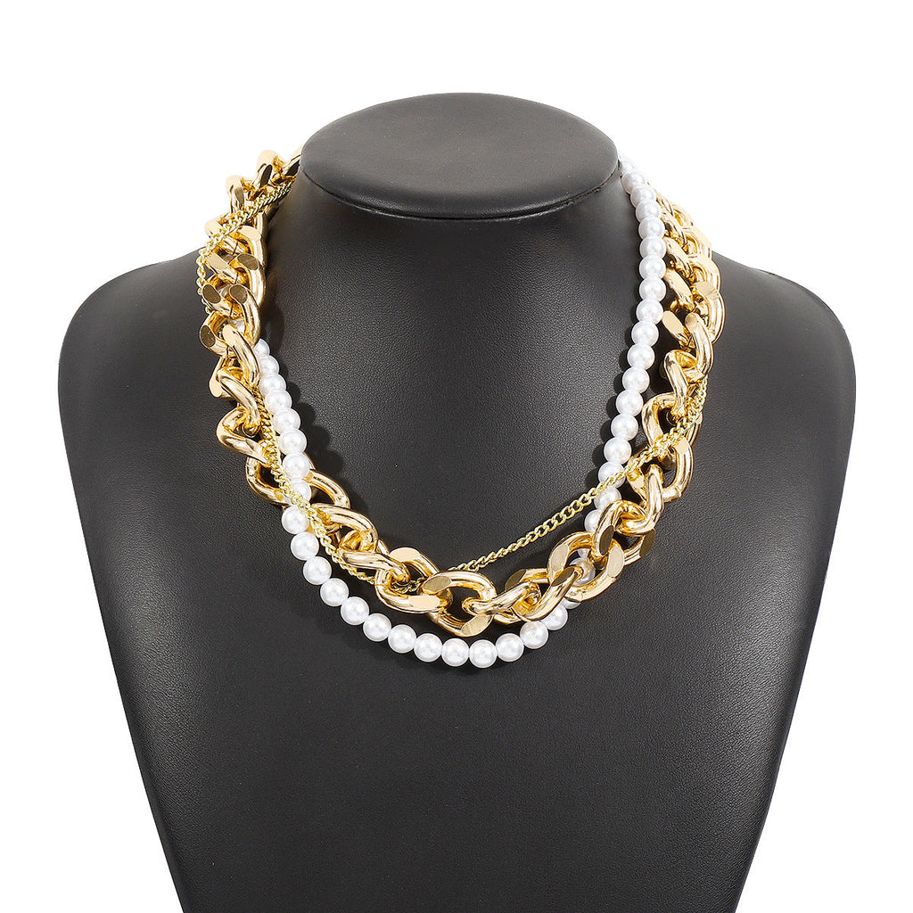 Vintage Pearl Layered Necklace for Women – Elegant Gold Metal Chain Jewelry