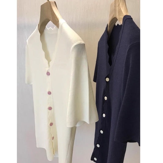 Women's Korean Style V-Neck Knit Cardigan – Elegant Short-Sleeve Button-Down, Wave Edge Trim
