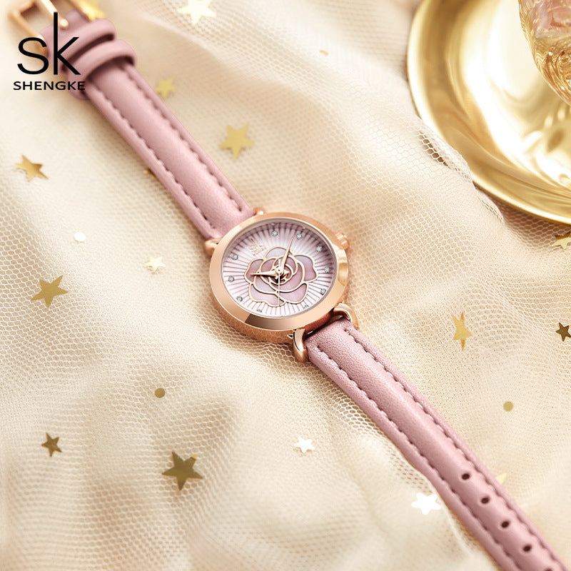 SK Women’s Fashion Quartz Watch – Waterproof Rose Leather Strap, Elegant Round Dial