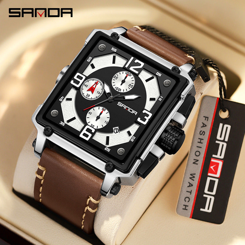 SANDA Luminous Men’s Square Quartz Watch – Leather Strap with Calendar & Small Seconds