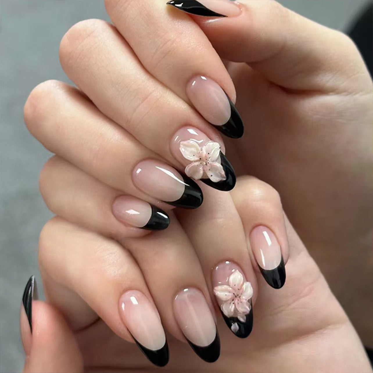 Almond Glue-On Nails with 3D Flowers & French Tips – Nude Black Press-On Nails