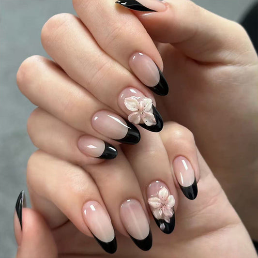 Almond Glue-On Nails with 3D Flowers & French Tips – Nude Black Press-On Nails