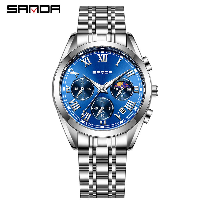 SANDA Men’s Six-Pin Quartz Watch – Stainless Steel Business Wristwatch with Calendar