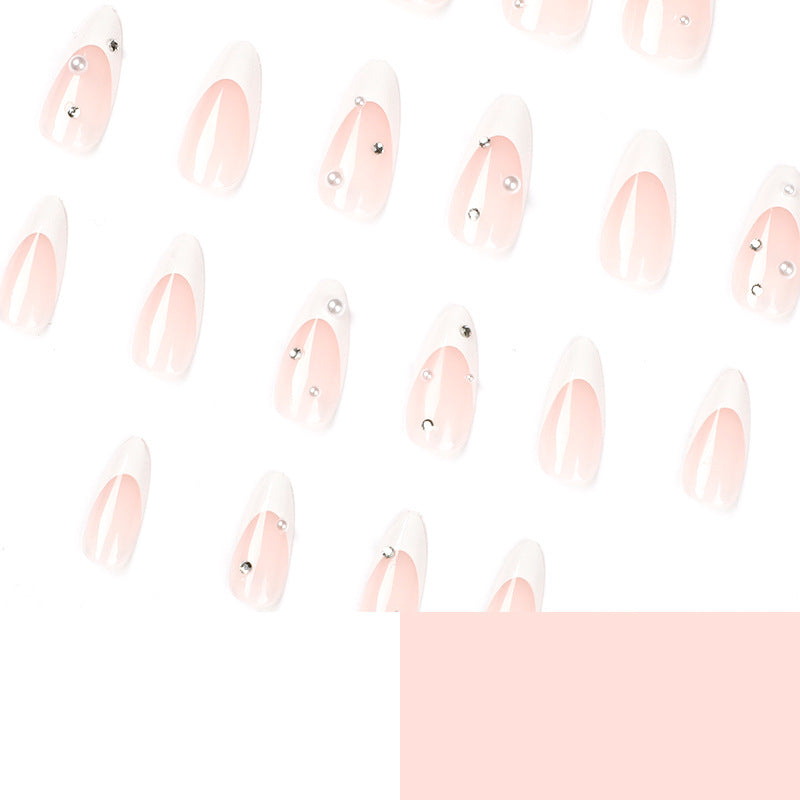 French Tip Rhinestone Press-On Nails – Medium Almond, 3D Gel Pearl Design