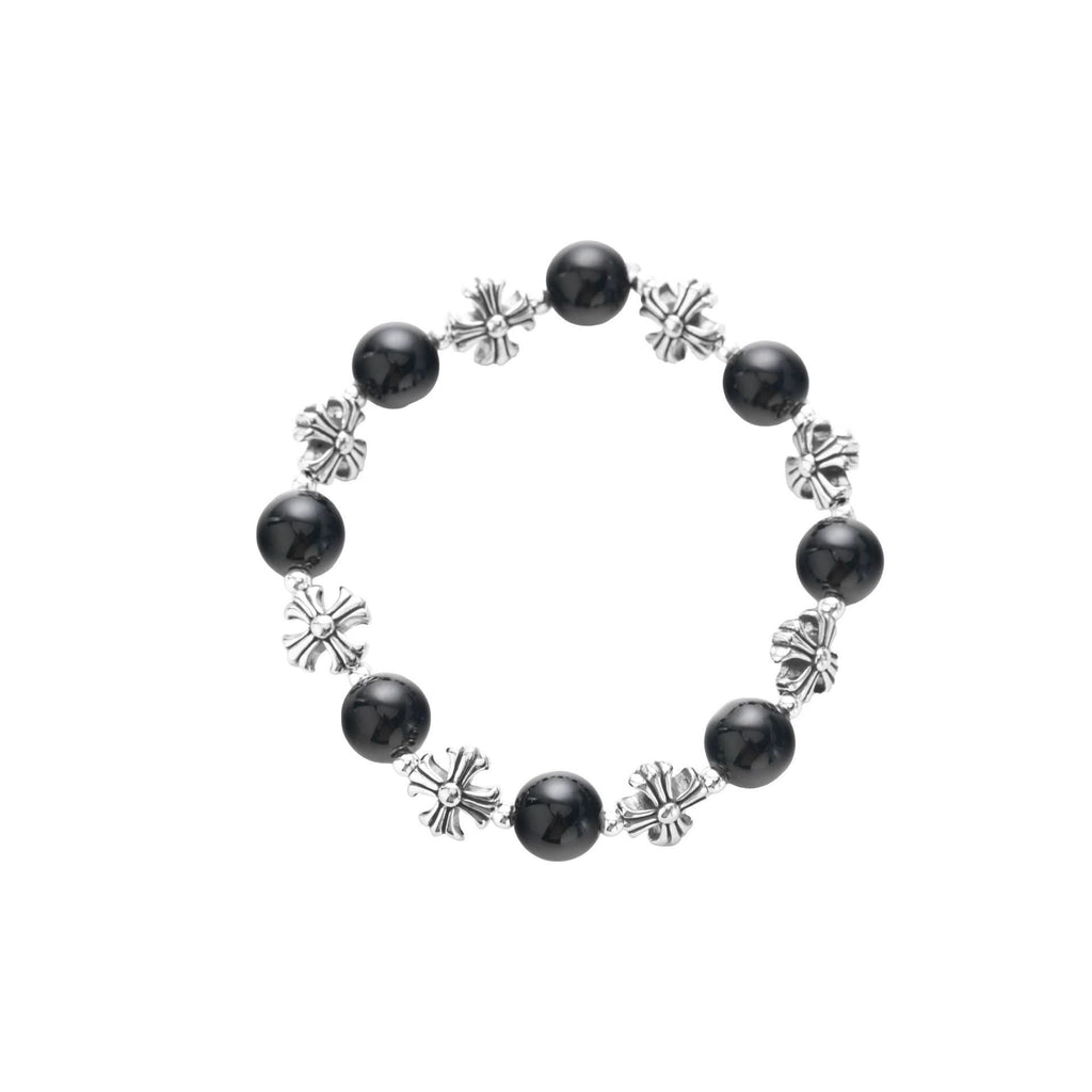 Unisex Retro Cross-Stitched Obsidian Beaded Bracelet –  Stone Wristband