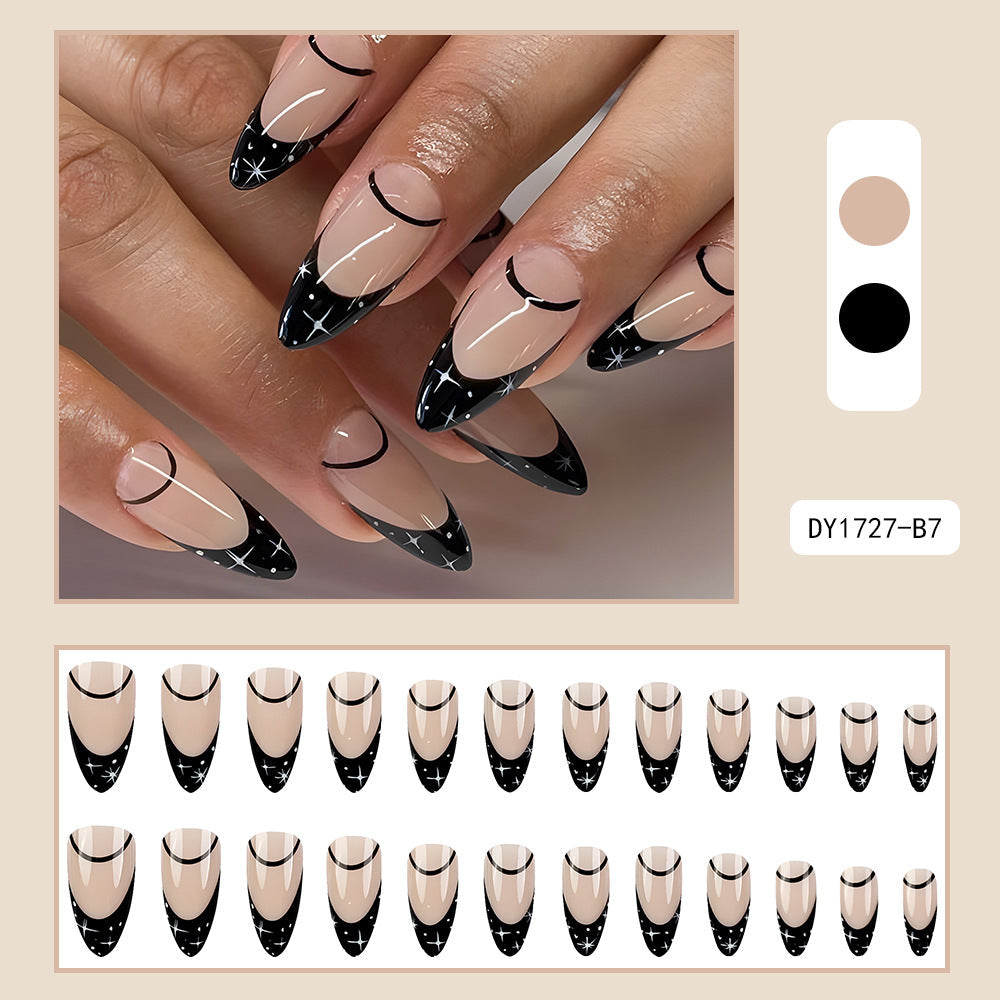 Black French Star Press-On Nails – Long Stiletto Gel Tips with Half-Moon Design