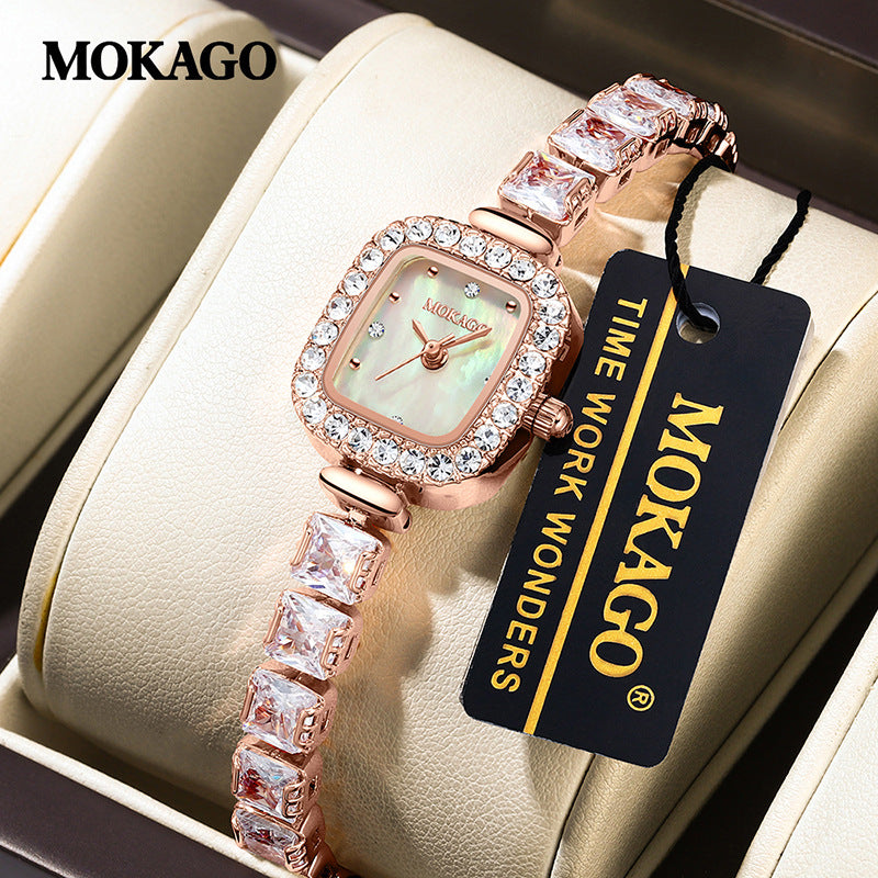 MOKAGO Women’s Square Quartz Watch – Diamond Inlay, Light Luxury Copper Bracelet