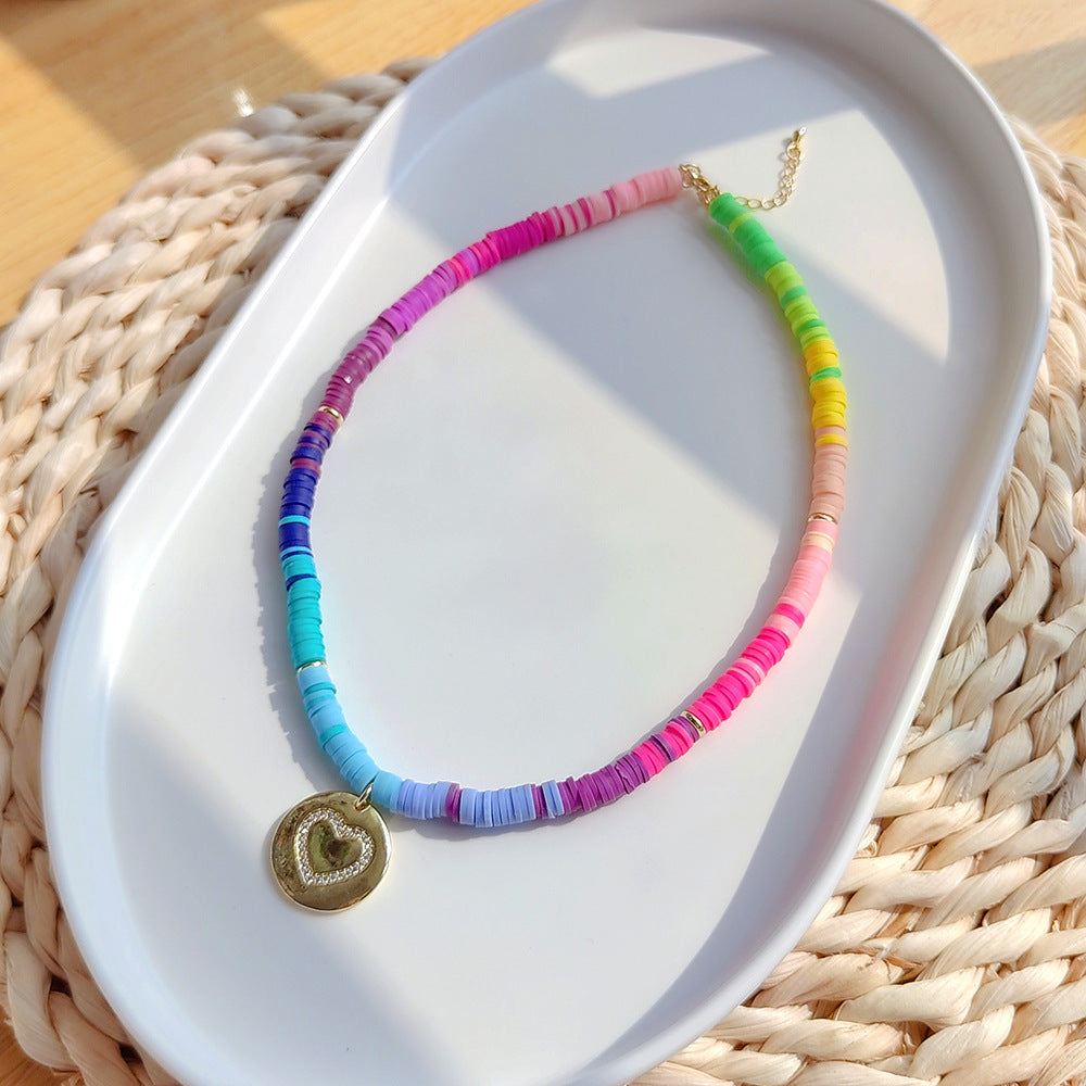 Bohemian Rainbow Heart Necklace – Colorful Soft Clay Pendant Jewelry for Women