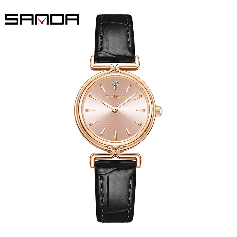 Sanda Women’s Retro Leather Quartz Watch – Classic Round Dial, Waterproof Casual Watch