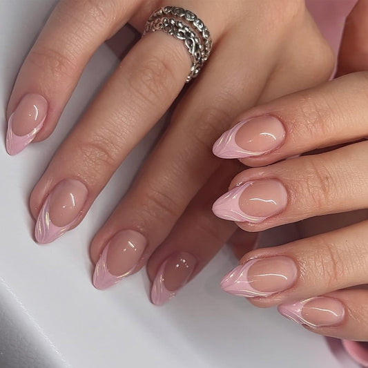 French Tip Press-On Nails – Medium Square Nude Pink Glossy Classic Set