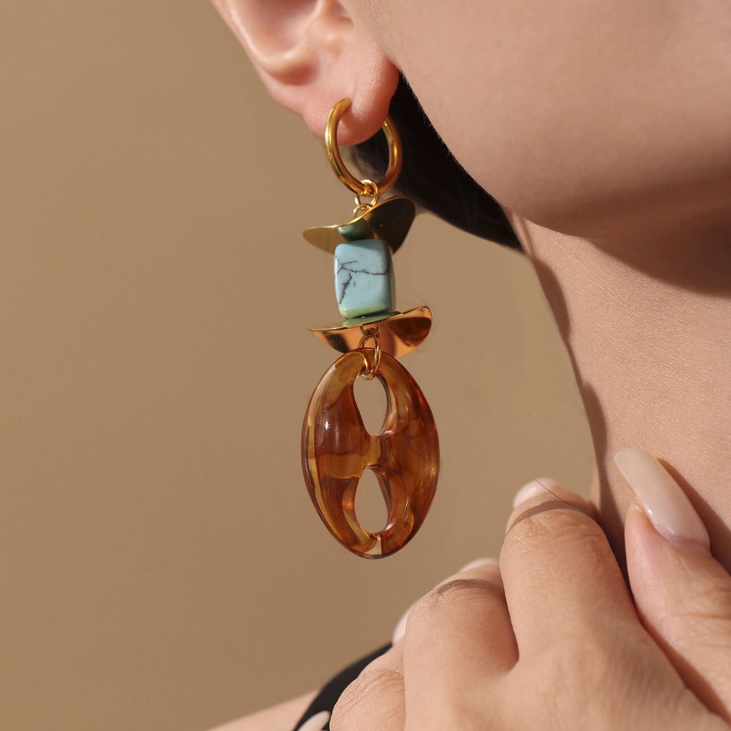 Turquoise Geometric Resin Earrings – Trendy Stainless Steel Chain Design for Women