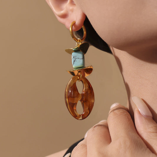Turquoise Geometric Resin Earrings – Trendy Stainless Steel Chain Design for Women