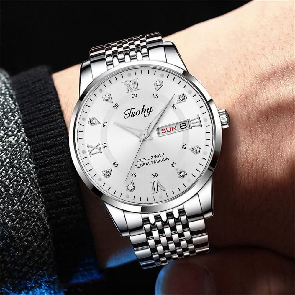 Men's Business Style Quartz Watch – Calendar & Week Display, Alloy Strap