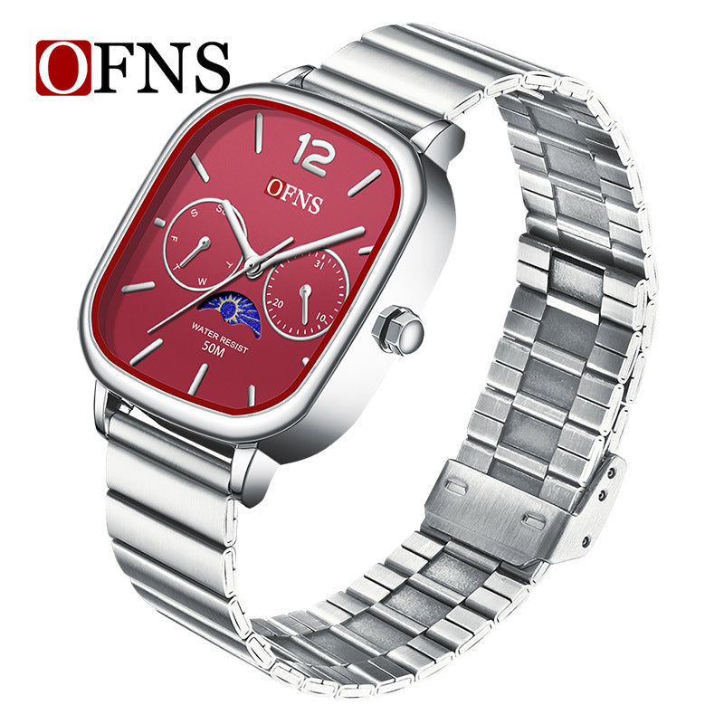 OFNS Square Quartz Watch with Moon Phase & Calendar – Waterproof Business Unisex Watch