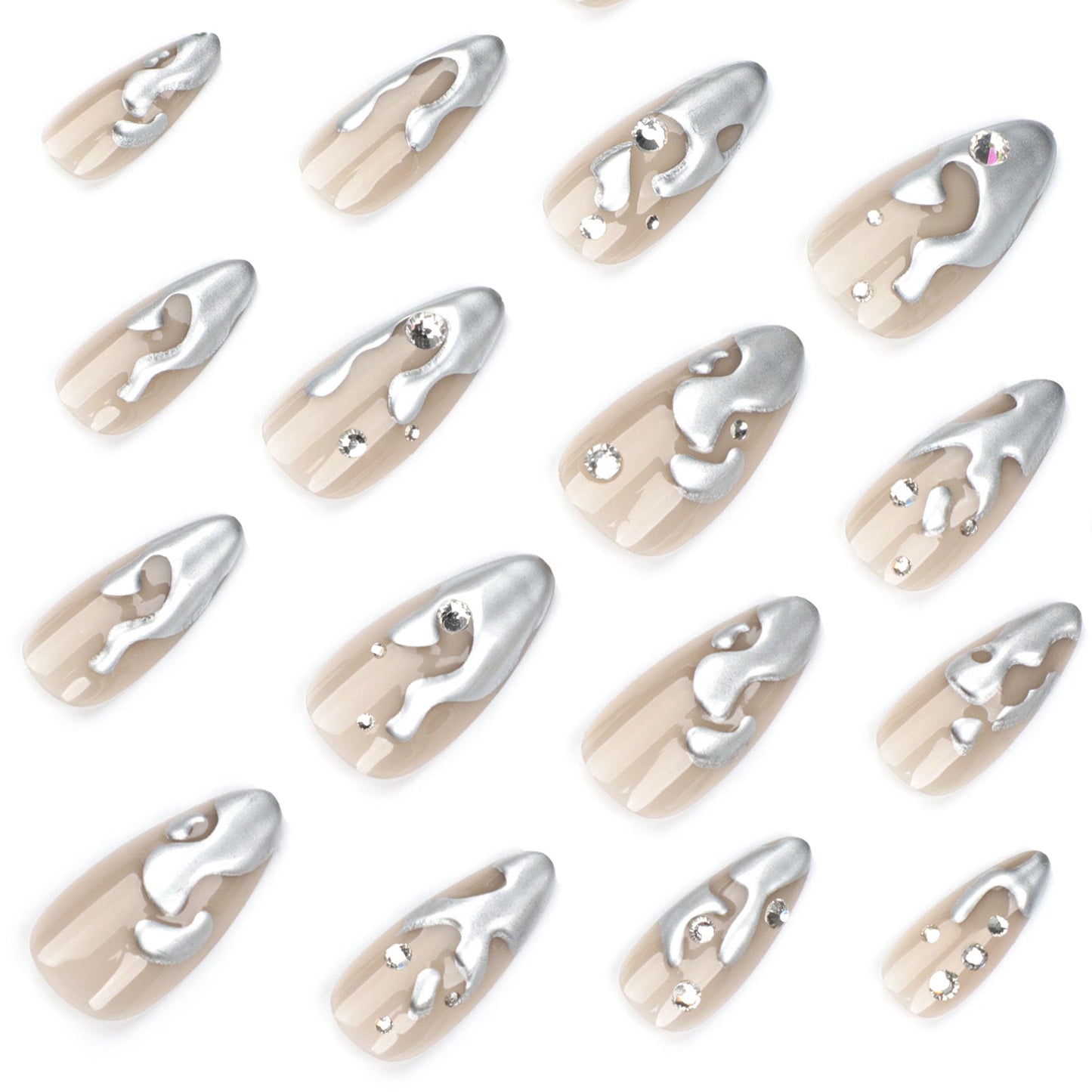 Chrome Almond Press-On Nails with 3D Silver Rhinestones – Long Glue-On Nail Art
