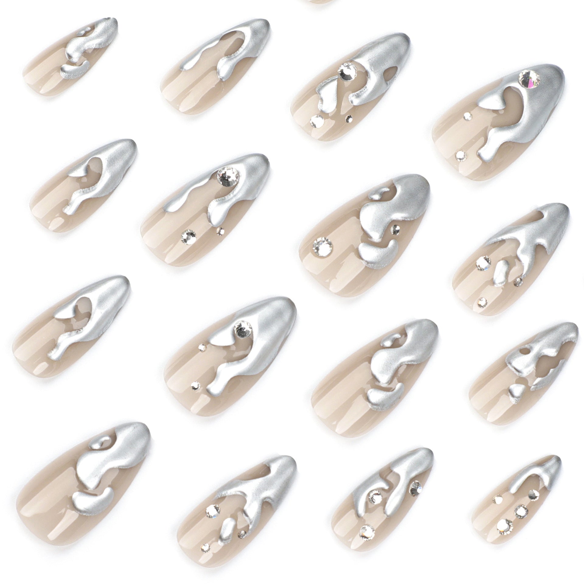 Chrome Almond Press-On Nails with 3D Silver Rhinestones – Long Glue-On Nail Art
