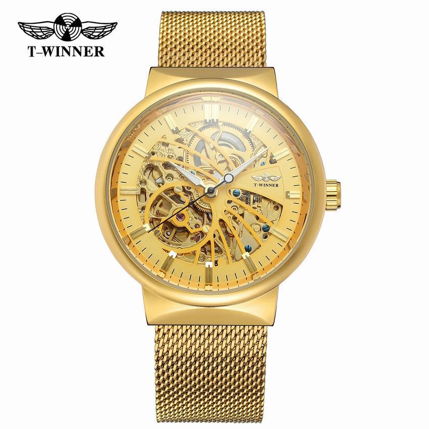 T-WINNER Automatic Mechanical Watch for Men – Mesh Strap, Waterproof Skeleton Design