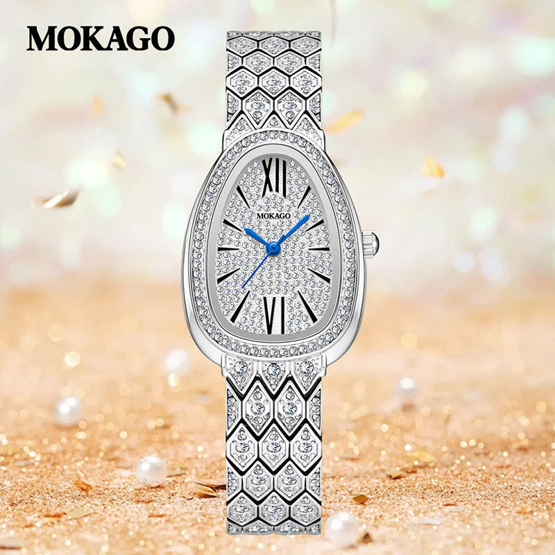 MOKAGO Diamond Snake Ladies’ Quartz Watch – Teardrop Dial, Waterproof Timepiece