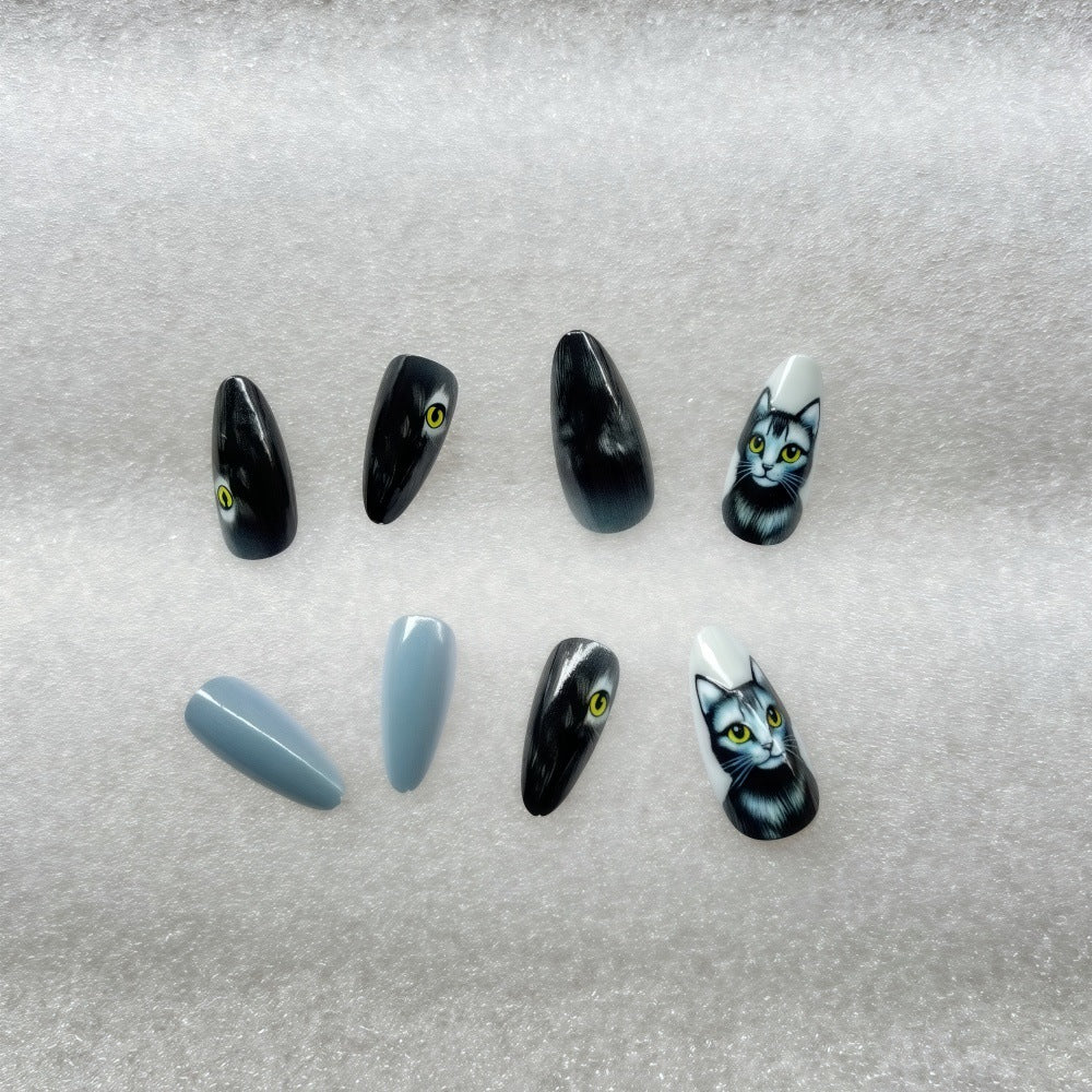 Gray Cat Design Stiletto Press-On Nails – Long Artistic Glue-On Acrylic Set