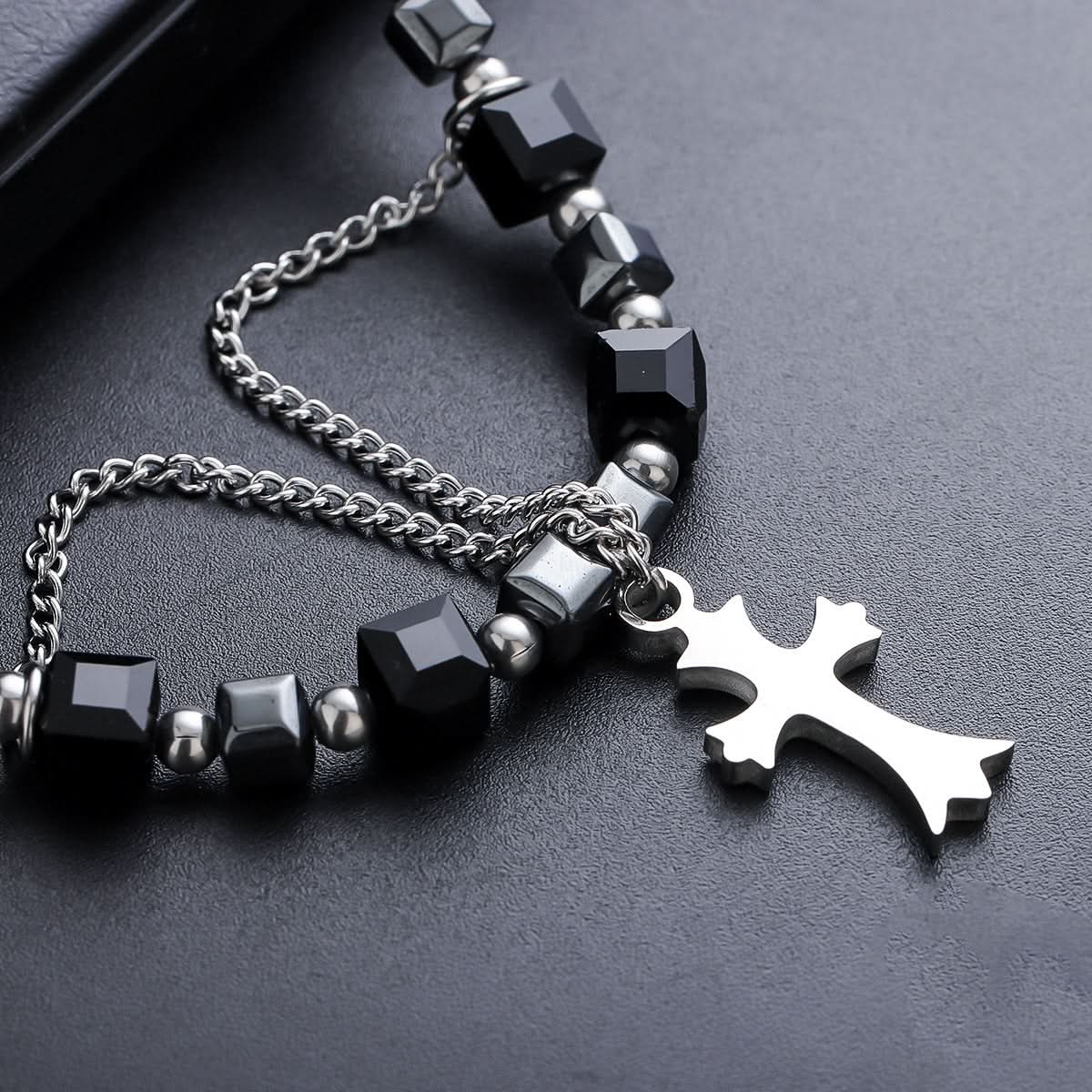 Men's Double Cross Necklace – Square Beaded Pendant