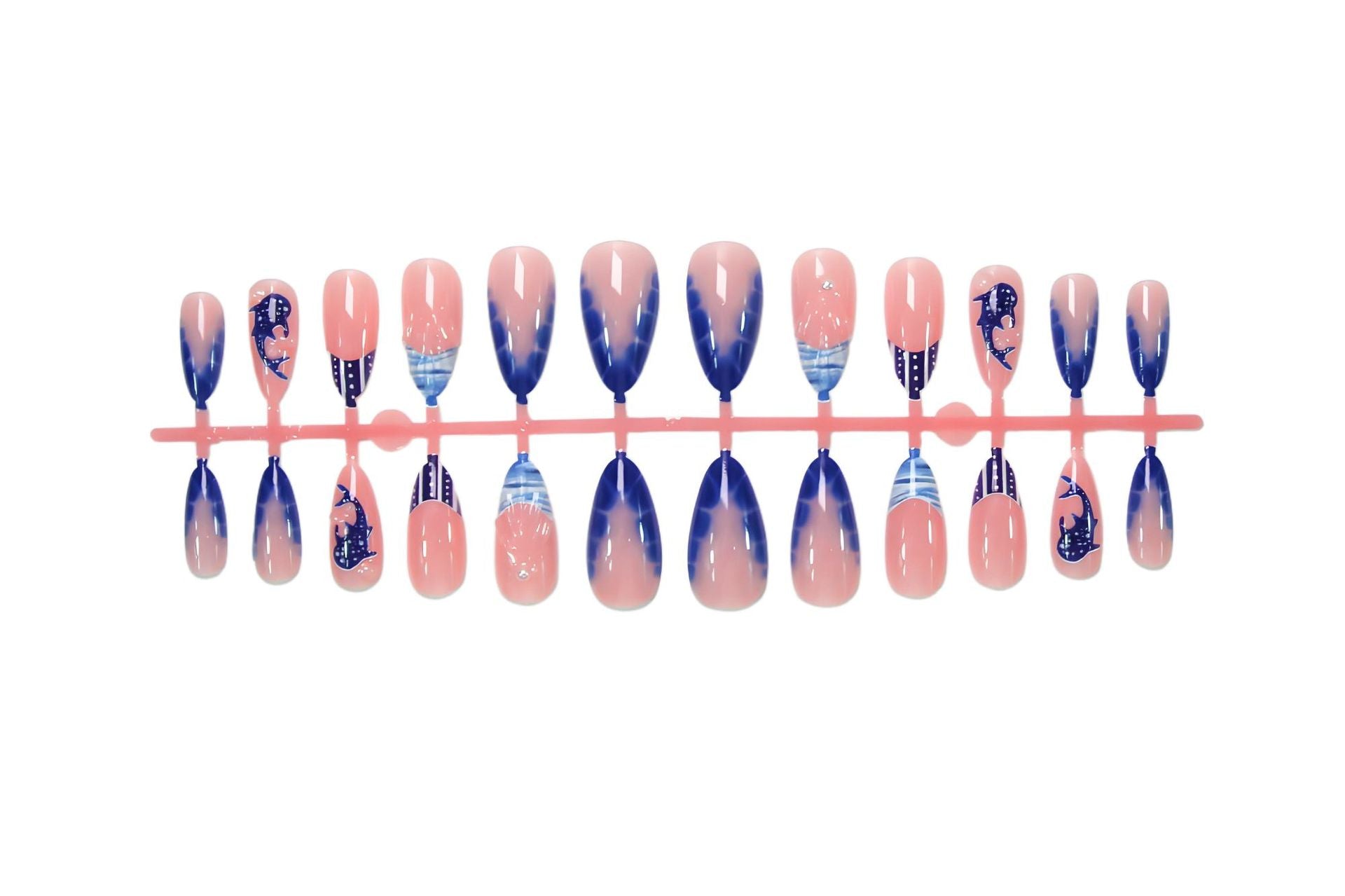 Blue & Nude Stiletto Press-On Nails – 3D Dolphin Swirl Long Glossy Nail Art
