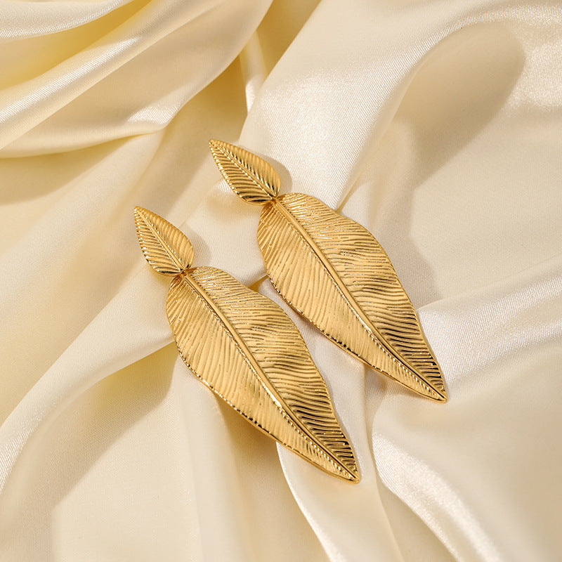 Gold Leaf Drop Earrings – Stainless Steel Textured Pendant Jewelry for Women