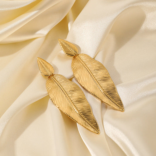 Gold Leaf Drop Earrings – Stainless Steel Textured Pendant Jewelry for Women
