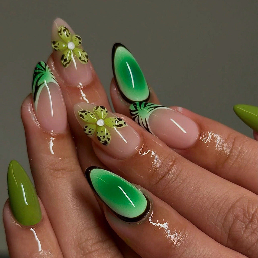 Tropical Floral Almond Press-On Nails – 3D Green Ombre Design, Glossy Finish