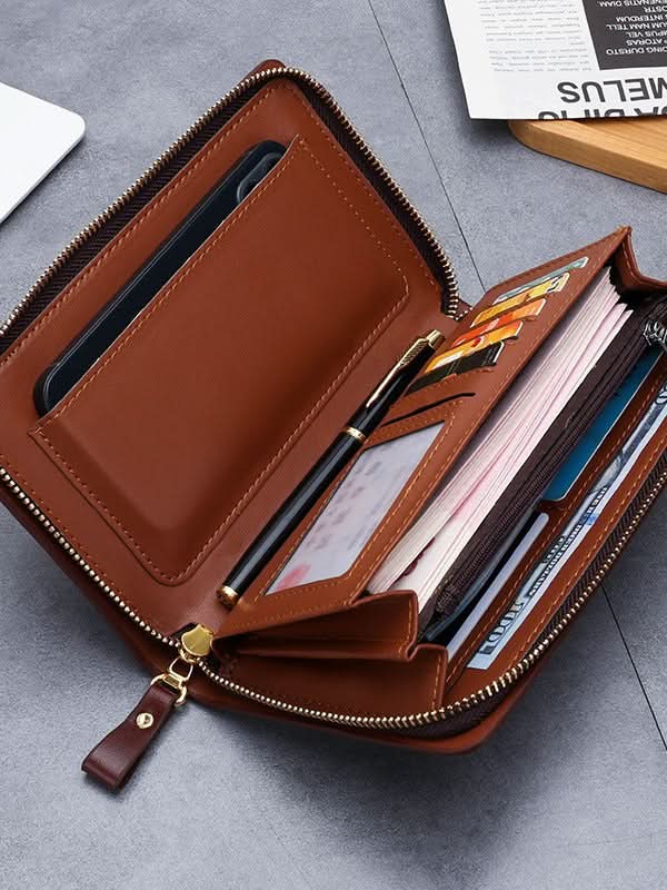 Men's PU Leather Clutch Wallet – Single Zipper Handbag with Phone Pocket