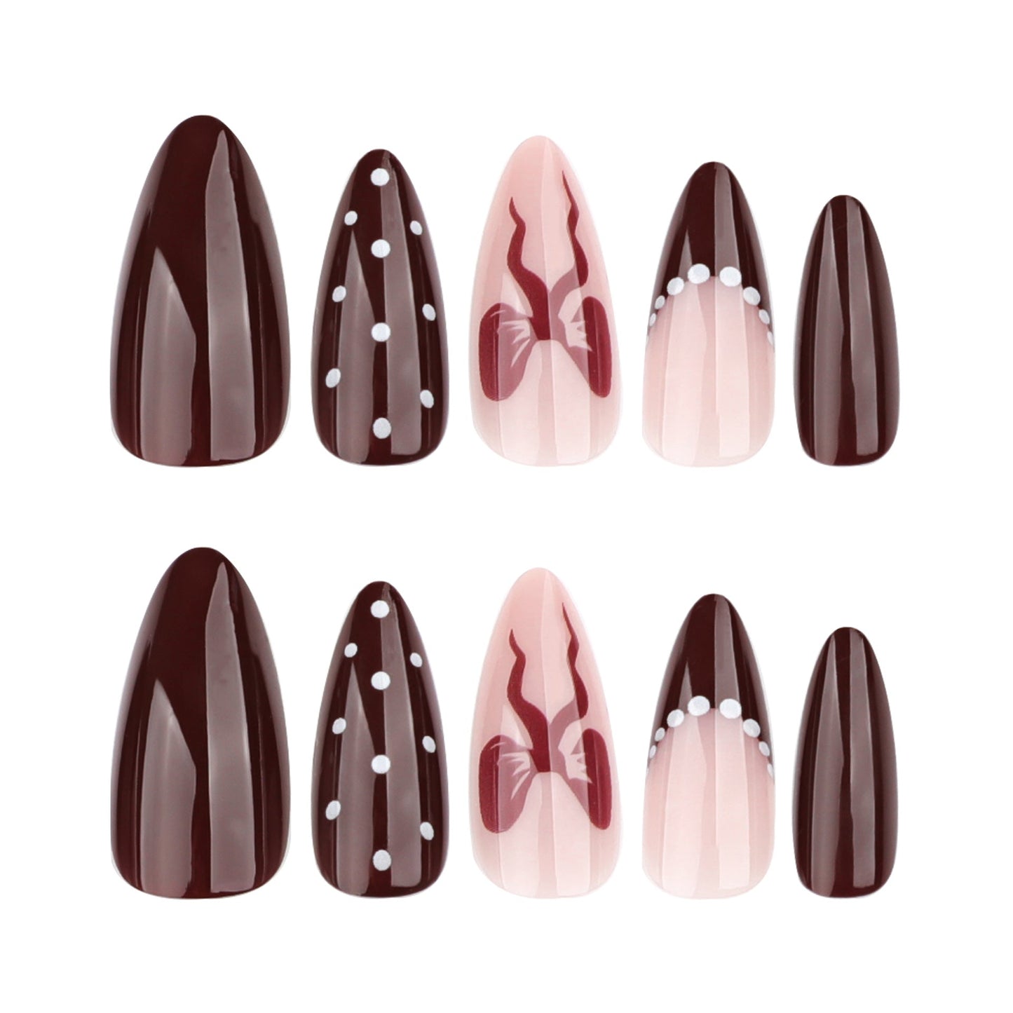 Burgundy Nude French Press-On Nails - Waerabl Nails with Polka Dot & Bow Design