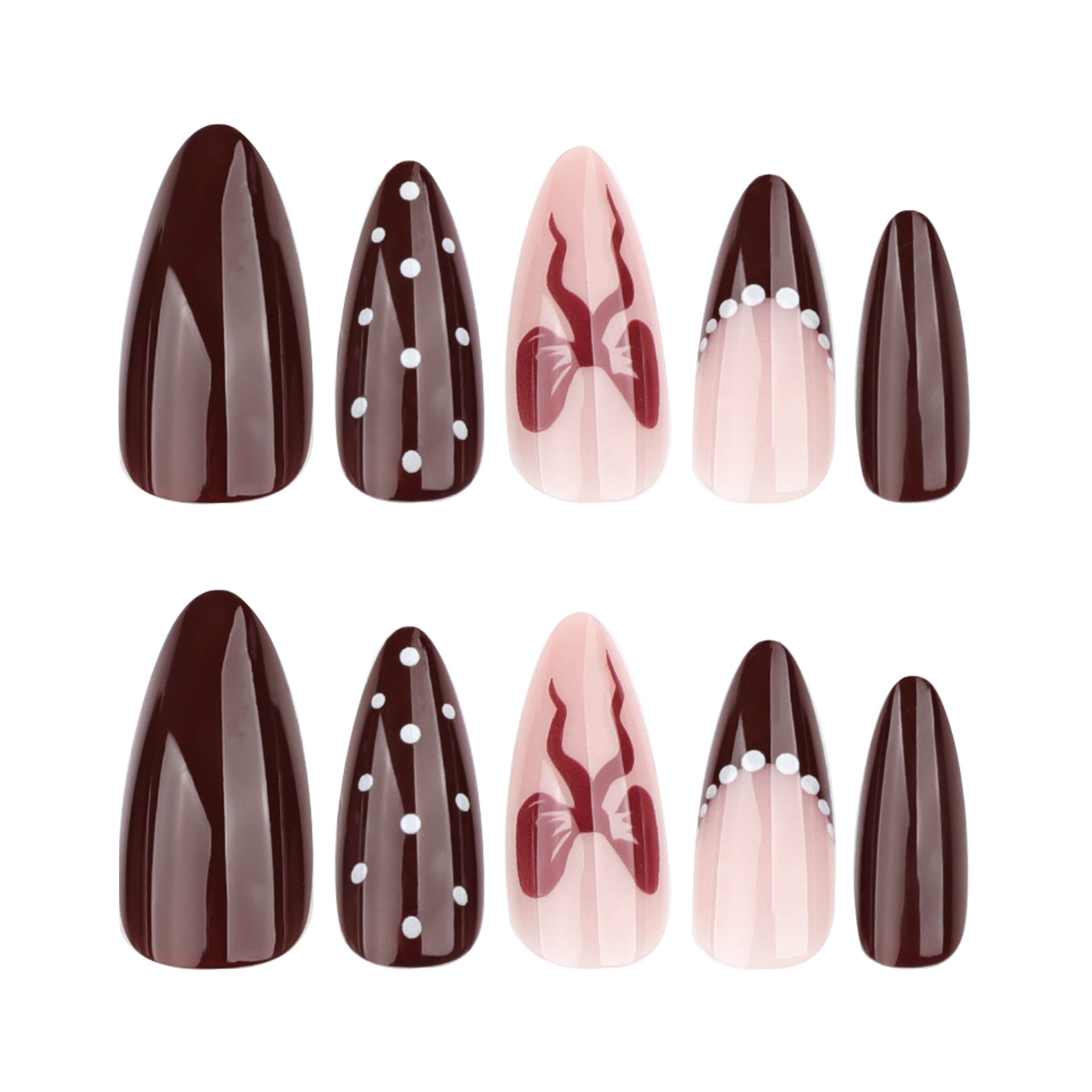 Burgundy Nude French Press-On Nails - Waerabl Nails with Polka Dot & Bow Design