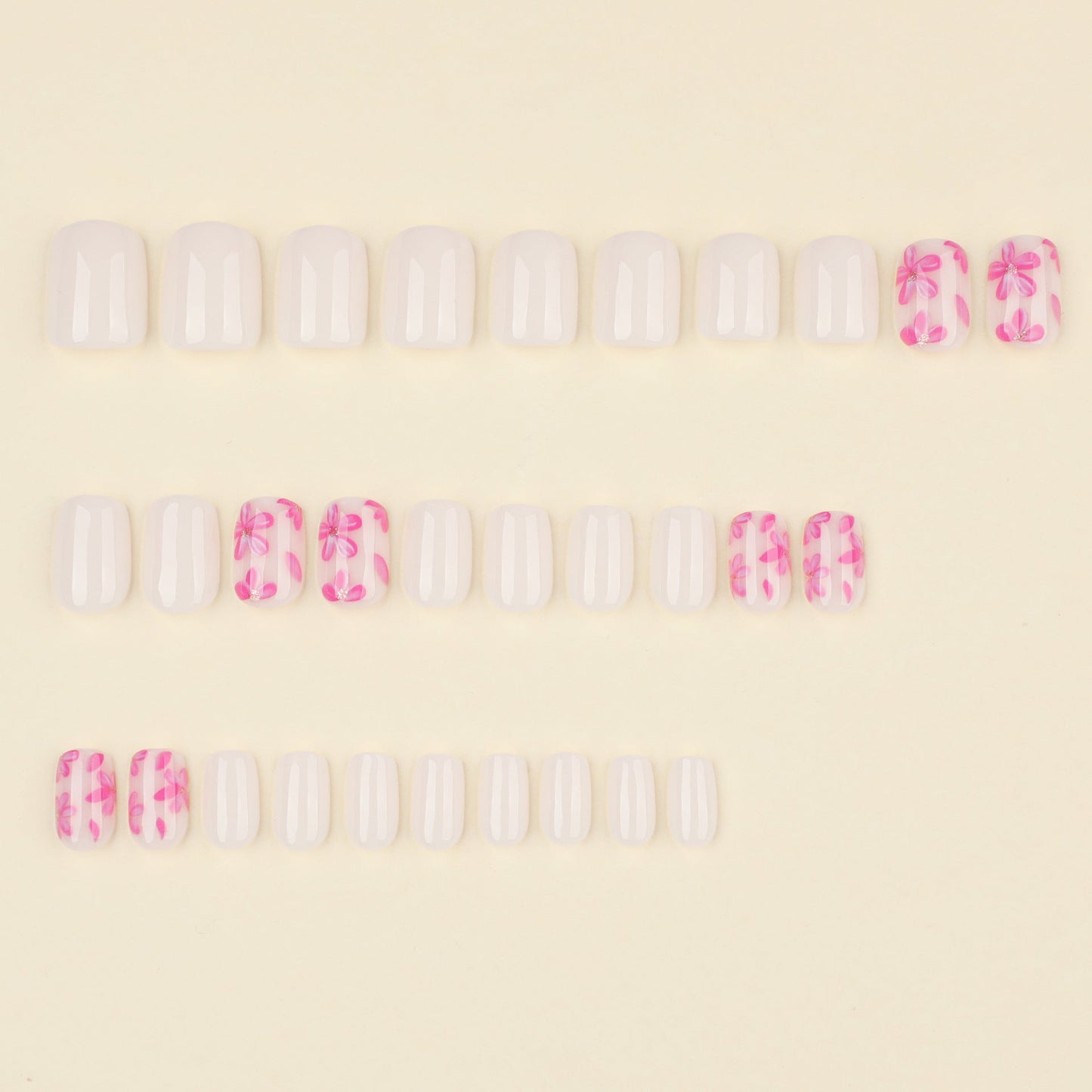 Short Square Floral Press-On Nails – Pink Flower Design, Feminine White