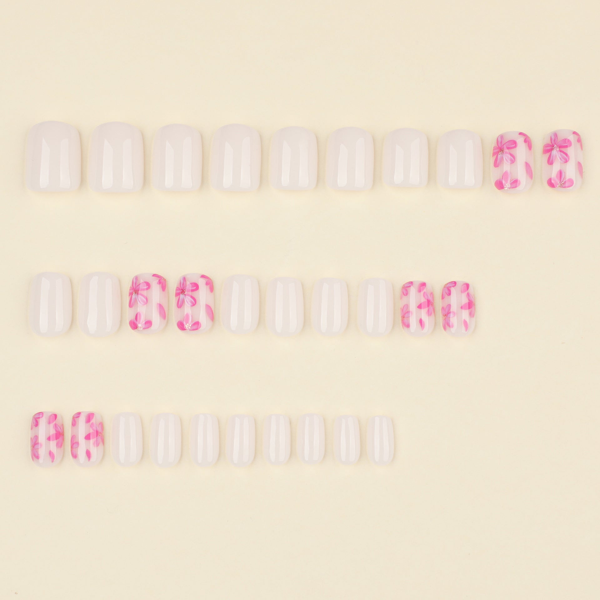 Short Square Floral Press-On Nails – Pink Flower Design, Feminine White