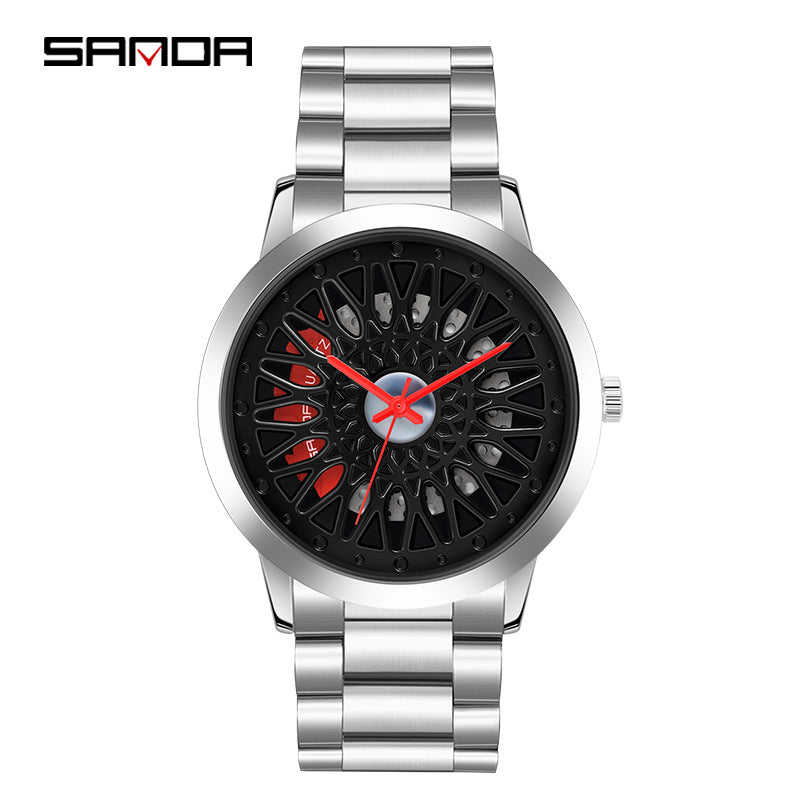 Sanda Men’s Quartz Watch – Hollow Wheel Dial, Stainless Steel Band Casual Timepiece