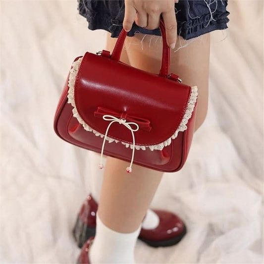 Red PU Bow-Accent Elegant Handbag