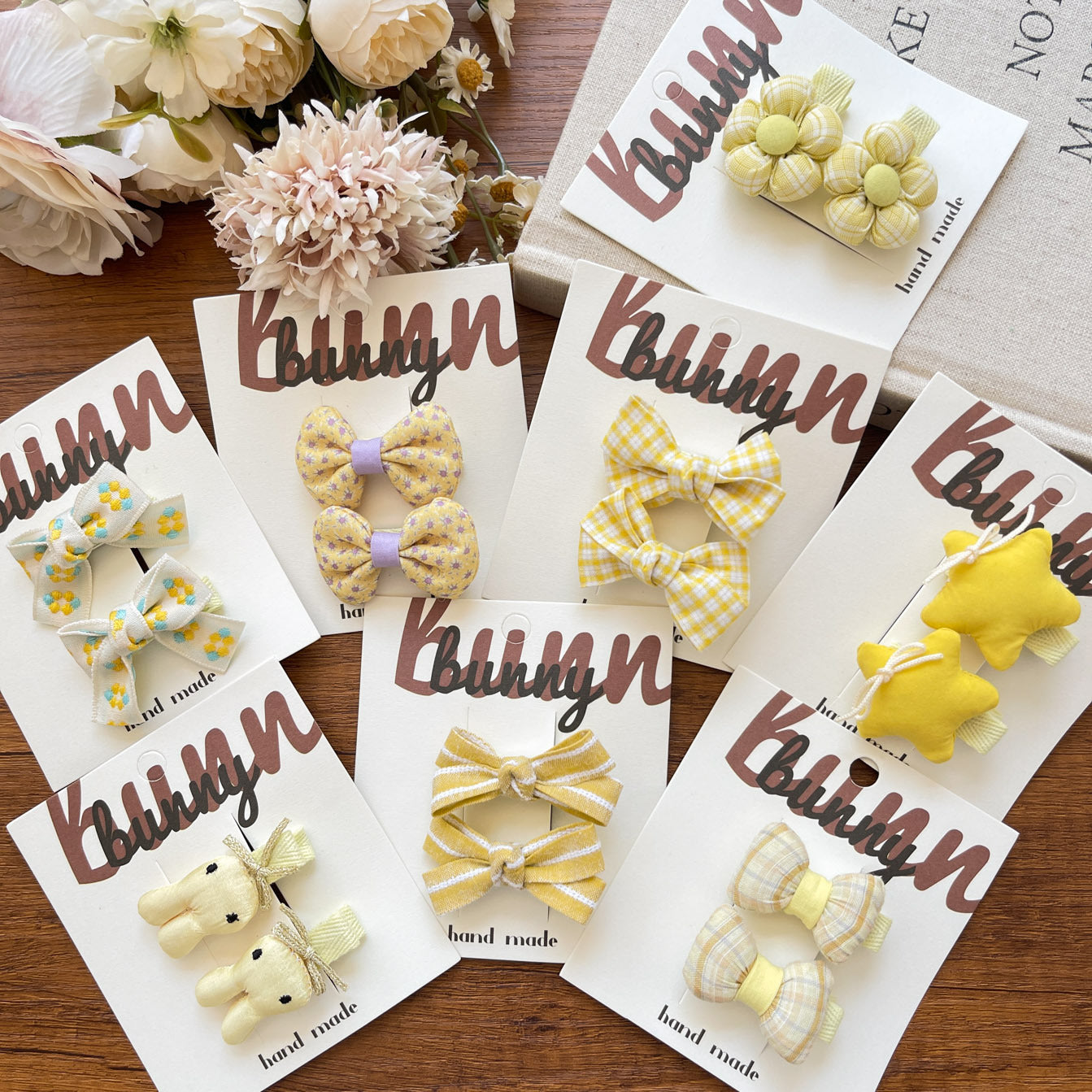 Yellow Bow & Bunny Hair Clips for Girls – Cute Floral & Star Hairpins (1-pair)