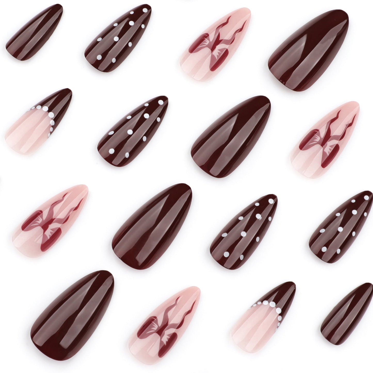 Burgundy Nude French Press-On Nails - Waerabl Nails with Polka Dot & Bow Design