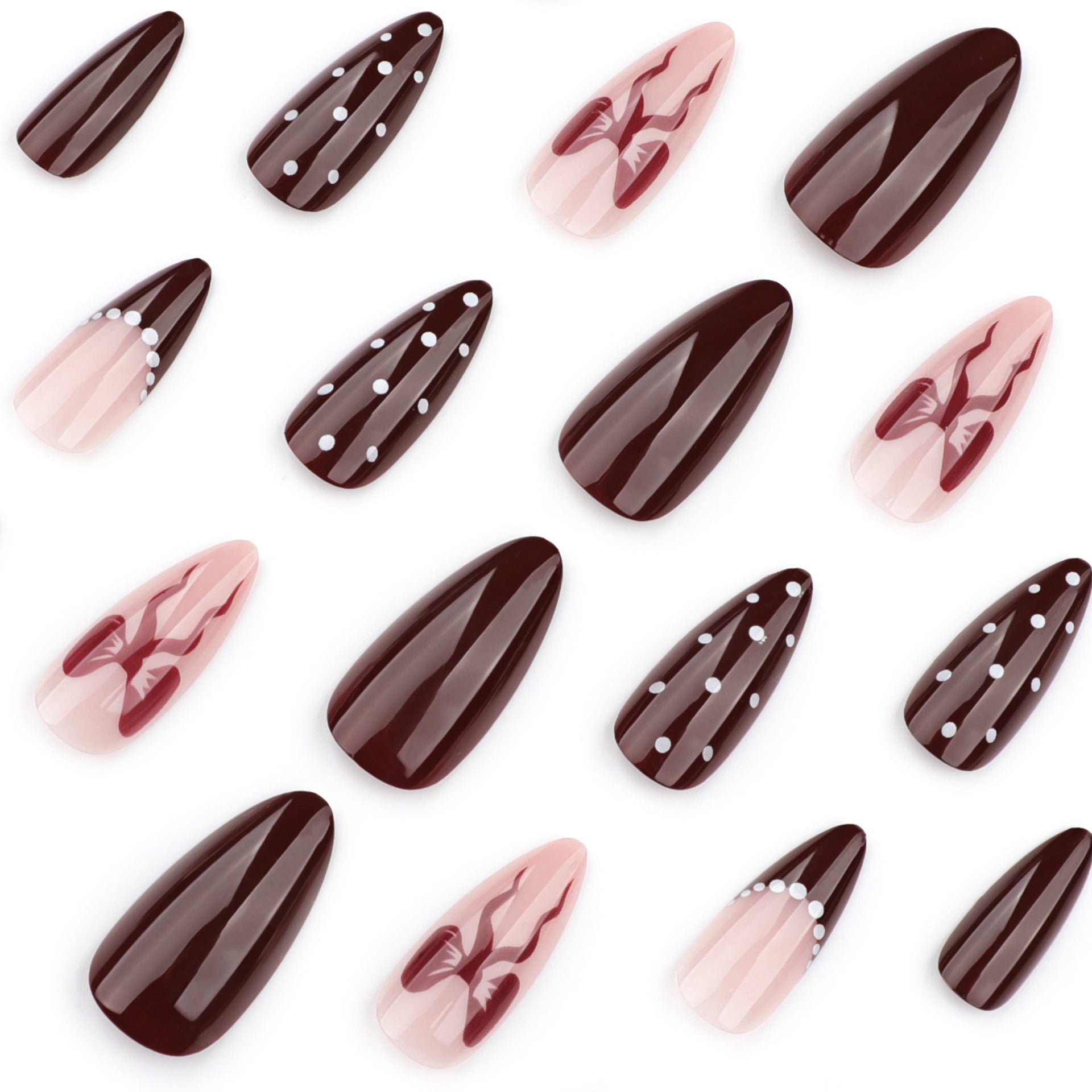 Burgundy Nude French Press-On Nails - Waerabl Nails with Polka Dot & Bow Design