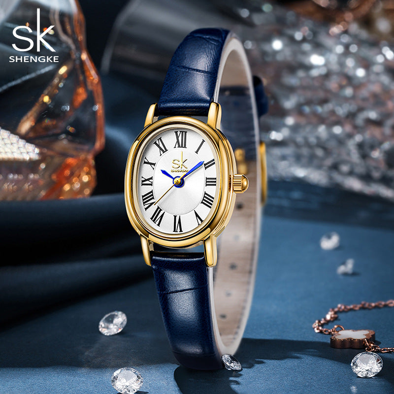 SK Women’s Retro Oval Quartz Watch – Leather Strap, 30M Waterproof Fashion Wristwatch
