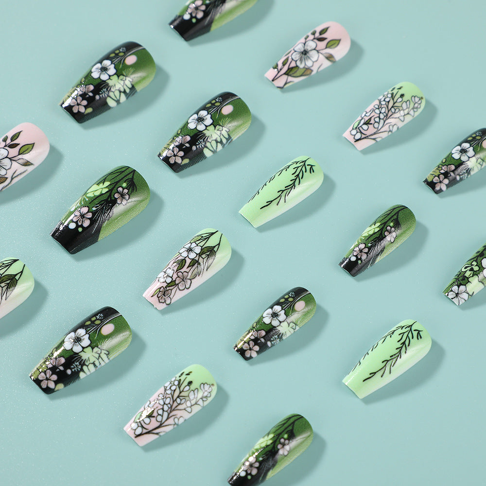 Elegant Floral Coffin Press-On Nails – Matte Green & Black False Nails