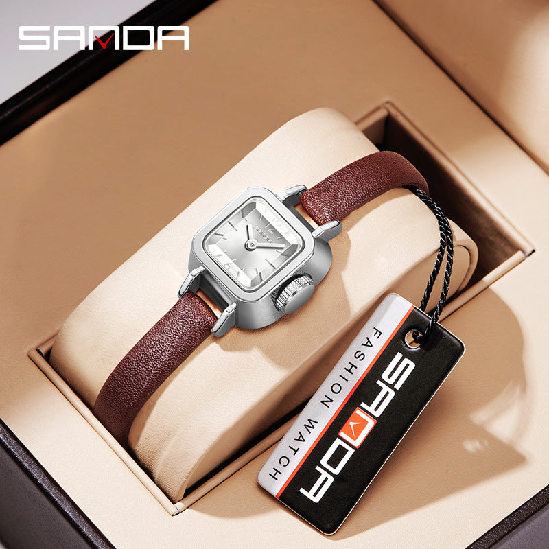 Sanda Women’s Square Quartz Watch – Leather Strap, Roman Dial, Waterproof Casual Watch