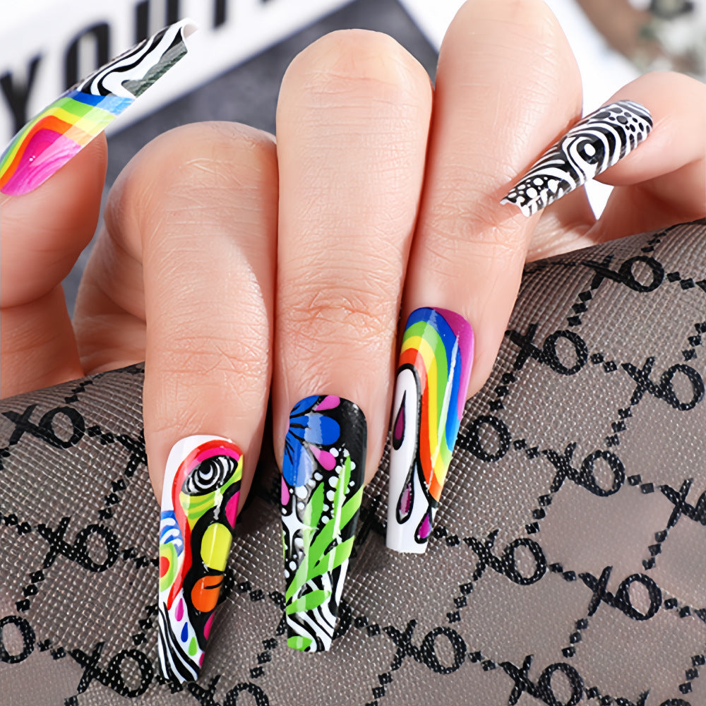Neon Psychedelic Coffin Press-On Nails – Acrylic False Nails, Extra Long