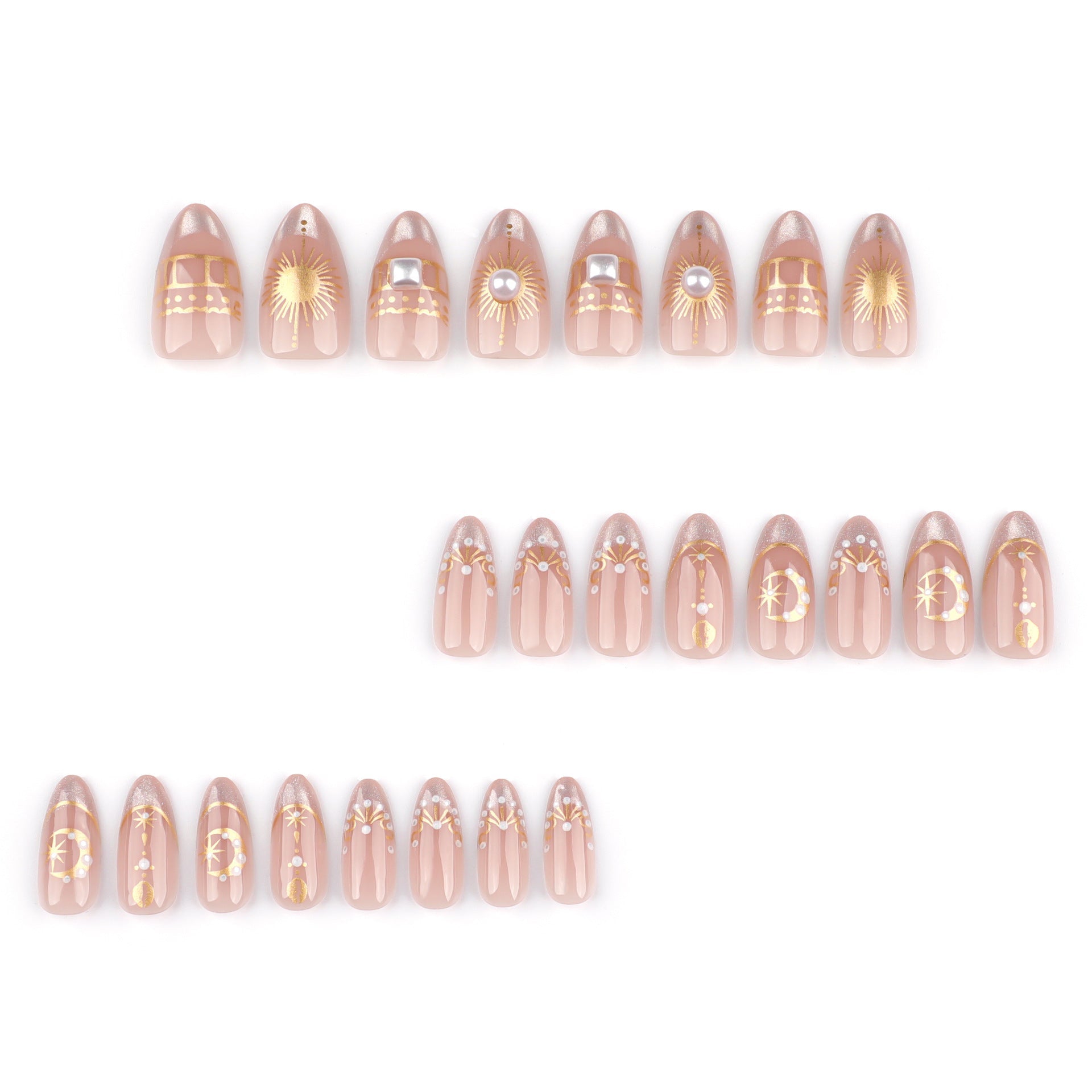 Celestial Moon & Star Press-On Nails – Nude Gold Almond Shape, Glossy Finish