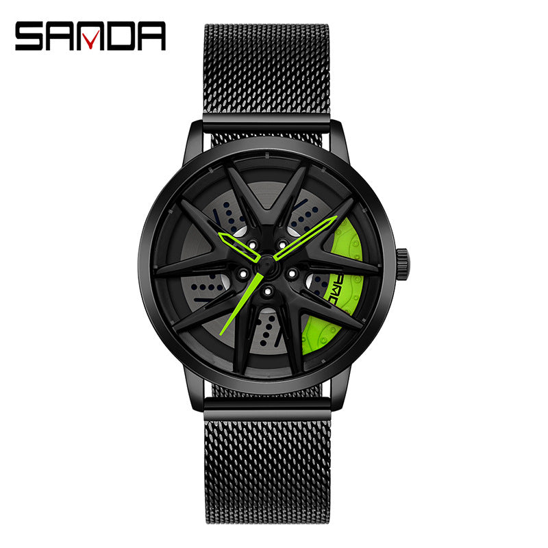 Sanda Men’s Quartz Watch – Wheel Series Dial, Mesh Strap, Waterproof Fashion Timepiece