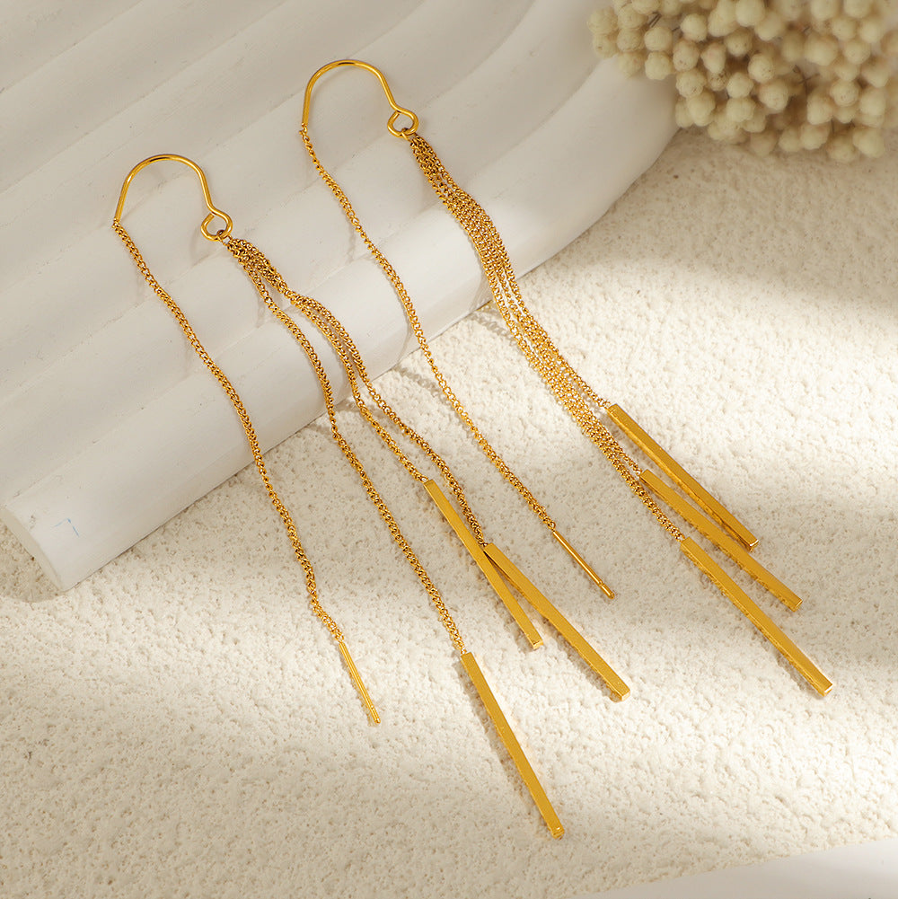 Gold Long Tassel Earrings – Titanium Steel Geometric Jewelry for Women