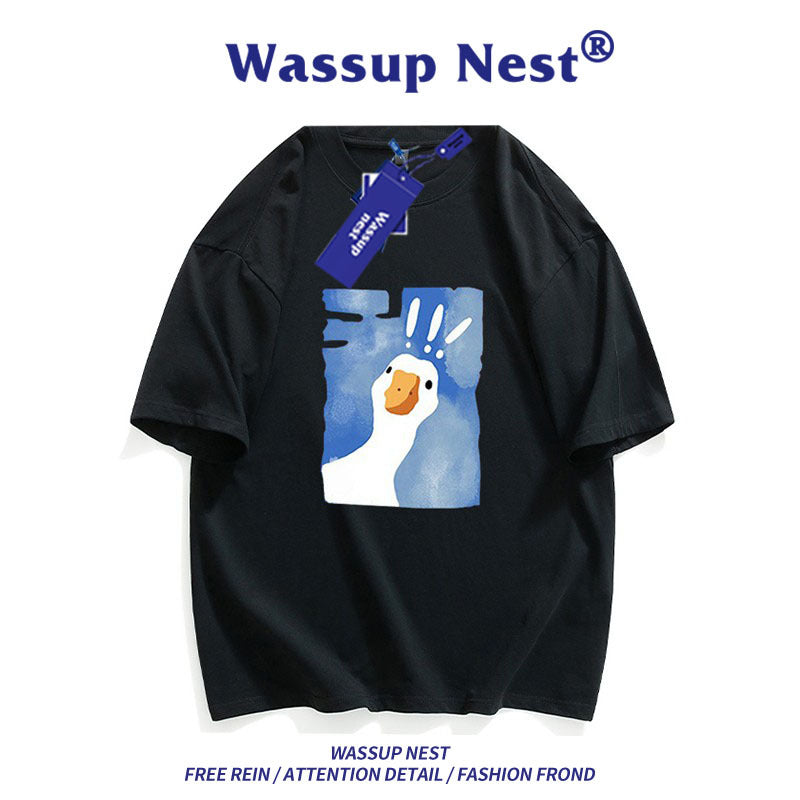 Men’s Cartoon Print Cotton T-Shirt – Klein Blue Summer Tee, Loose Fit, Short Sleeve