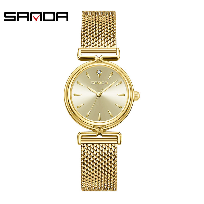 Sanda Women’s Mesh Quartz Watch – Round Dial, Waterproof Stainless Steel Analog Watch