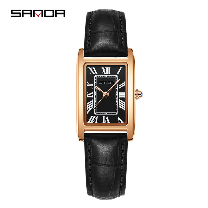 SANDA Retro Square Quartz Watch – Leather Strap Casual Watch for Men & Women