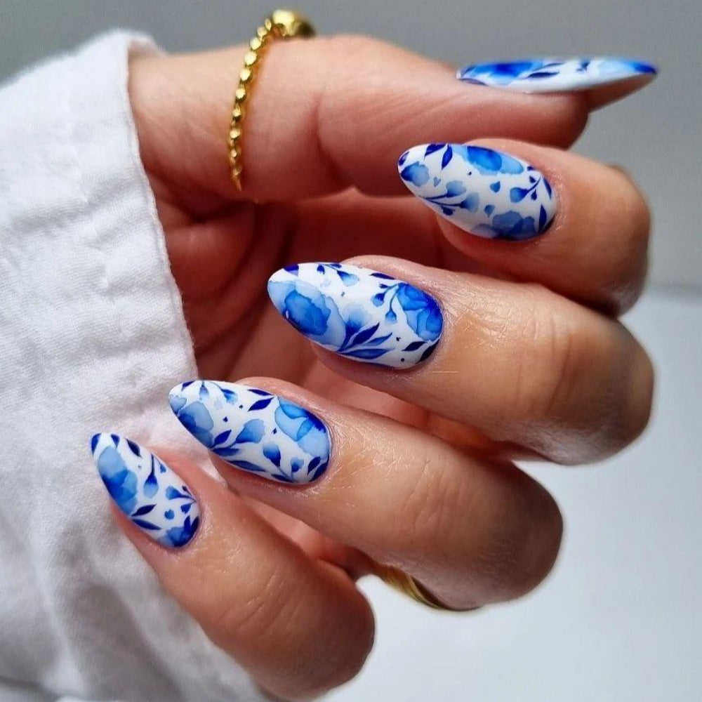 Blue Floral Almond Press-On Nails – Matte Porcelain-Inspired Acrylic Set