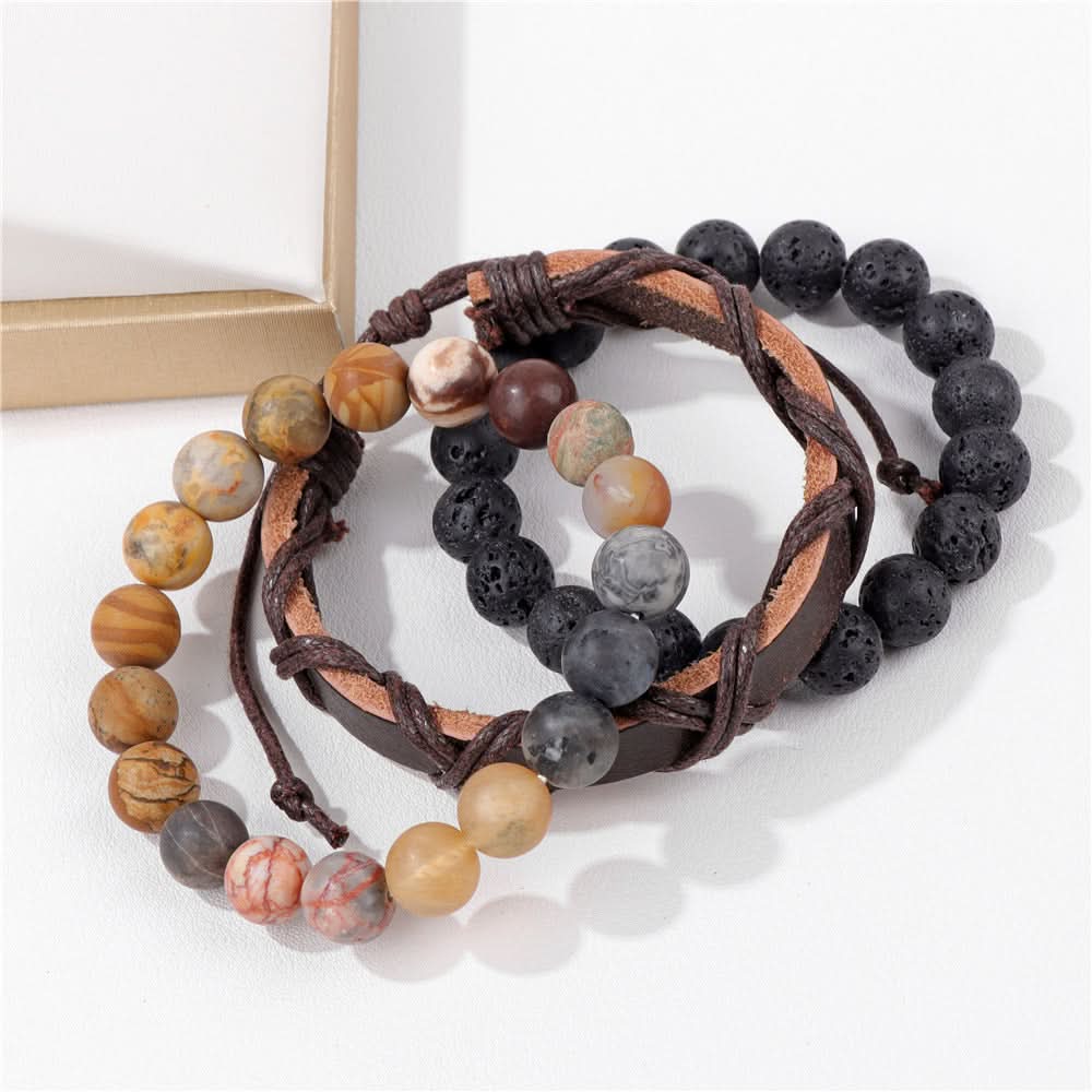 Unisex Retro Volcanic Stone & Agate Bead Bracelet – Handcrafted